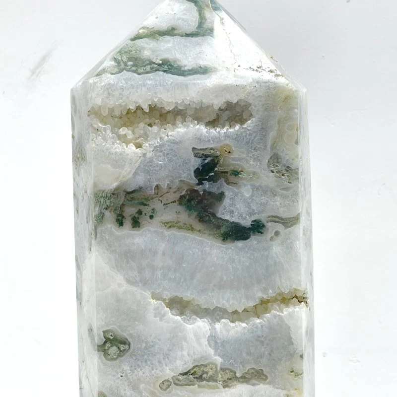 Unique Large Geode Druzy White Moss Agate Point #A03 - Image 3