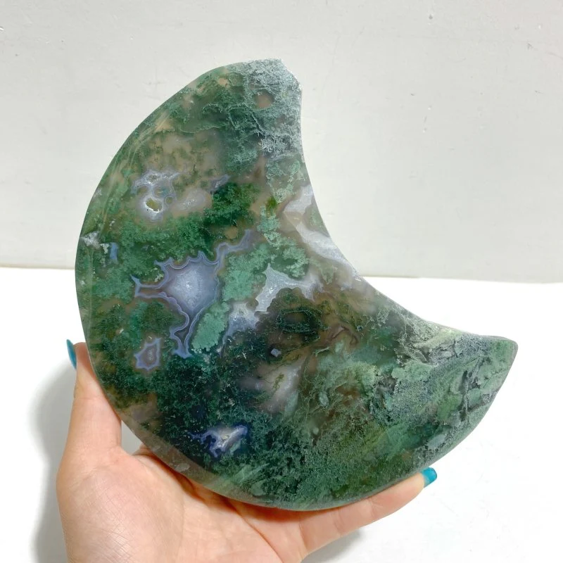 Unique Large Moss Agate Moon With Stand #7 - Image 4
