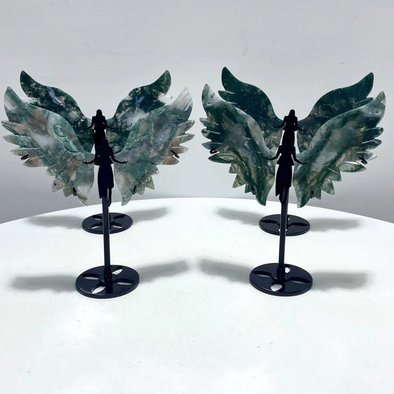 4 Pairs Small Moss Agate Angel Wing Carving With Stand
