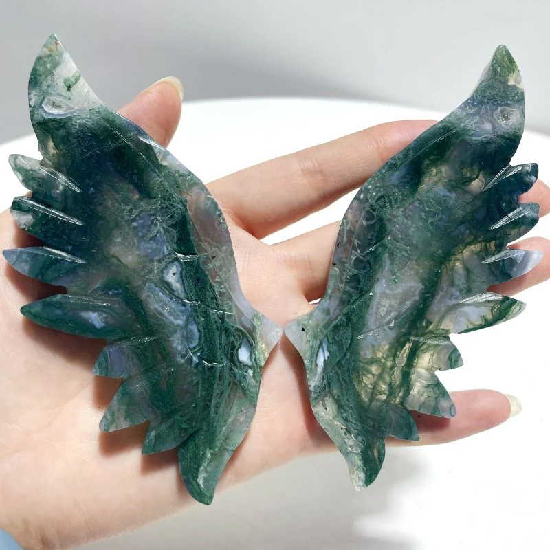 4 Pairs Small Moss Agate Angel Wing Carving With Stand - Image 6
