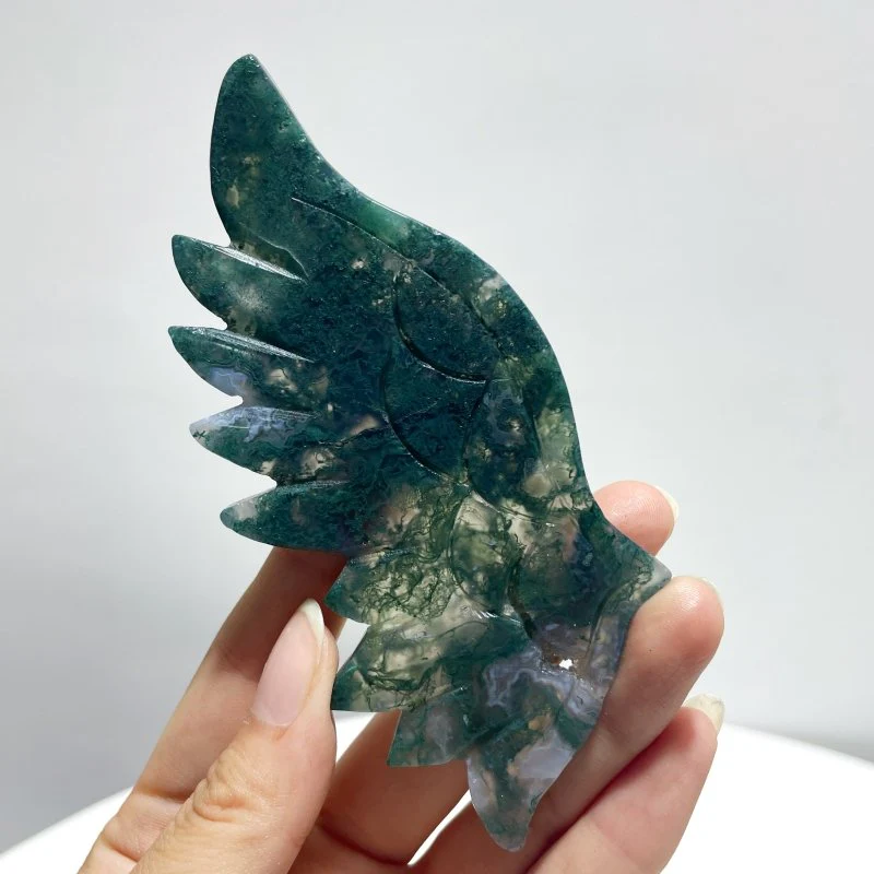 4 Pairs Small Moss Agate Angel Wing Carving With Stand - Image 9