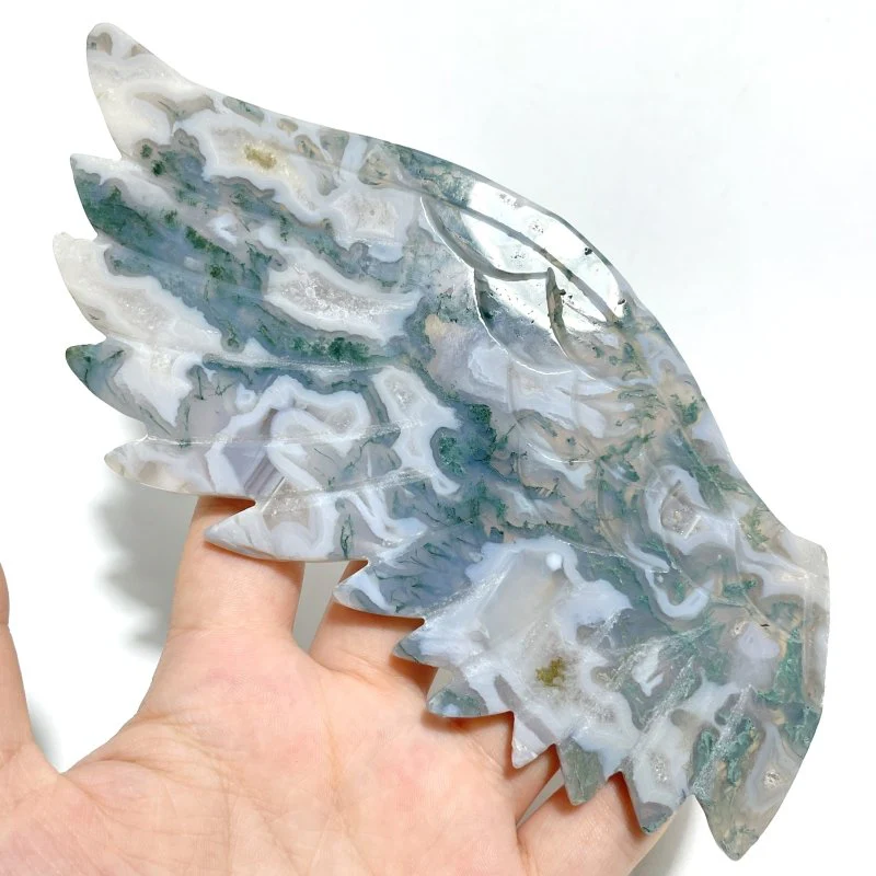 Unique Moss Agate Eagle Wing Carving With Stand - Image 2