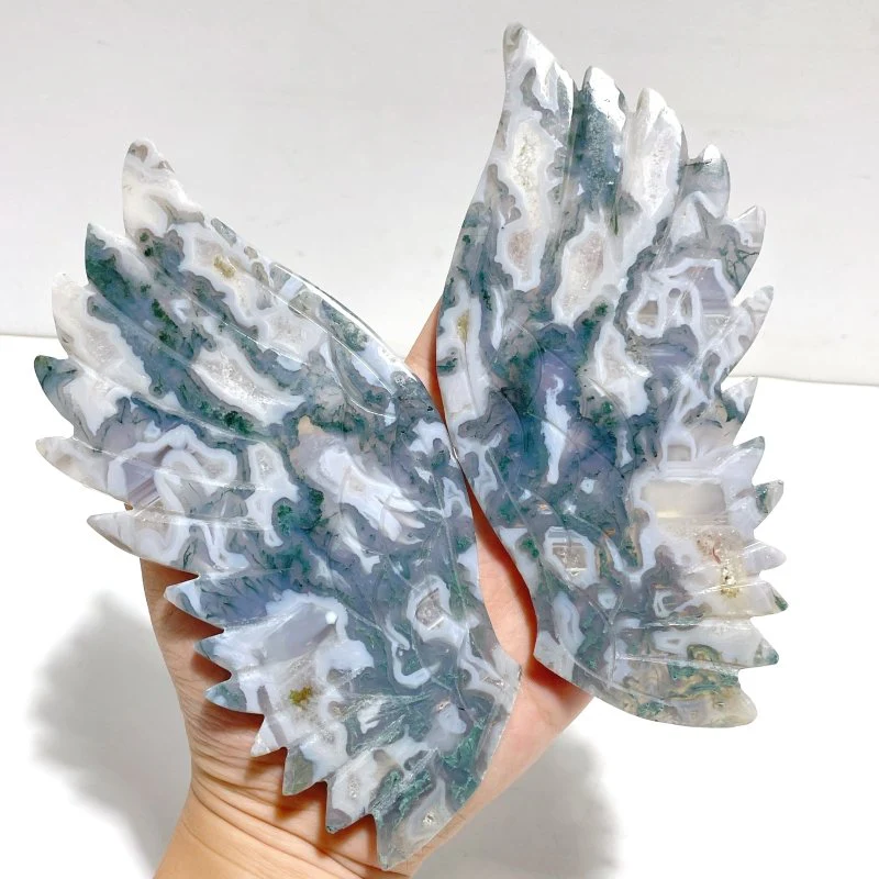 Unique Moss Agate Eagle Wing Carving With Stand - Image 3