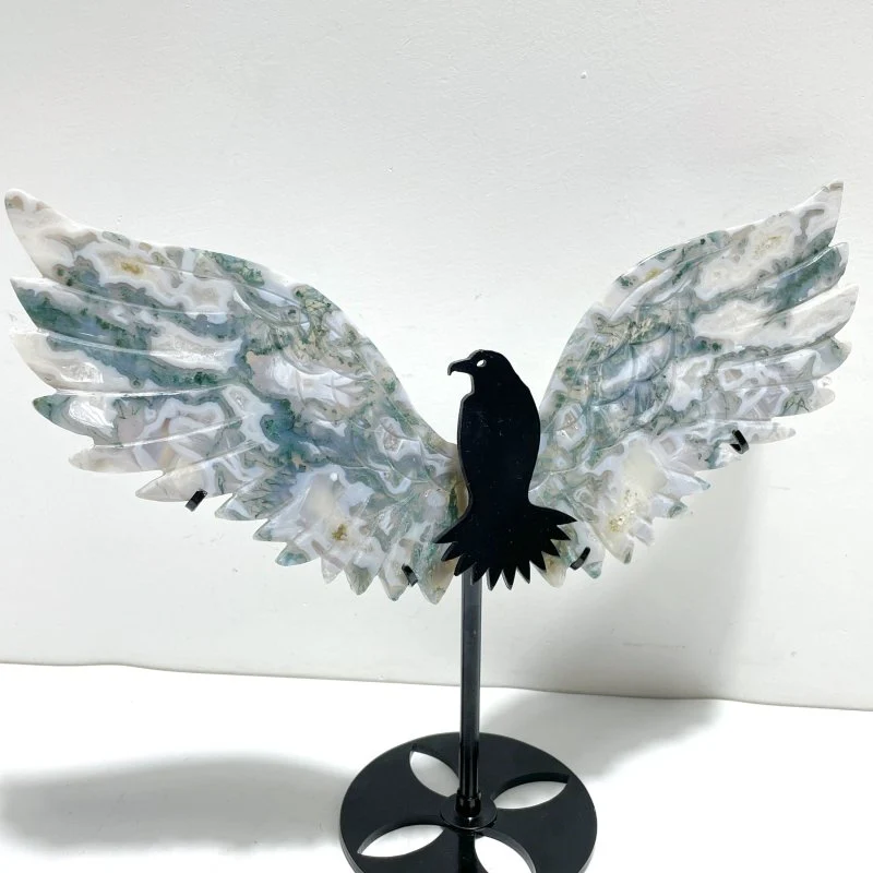 Unique Moss Agate Eagle Wing Carving With Stand - Image 4