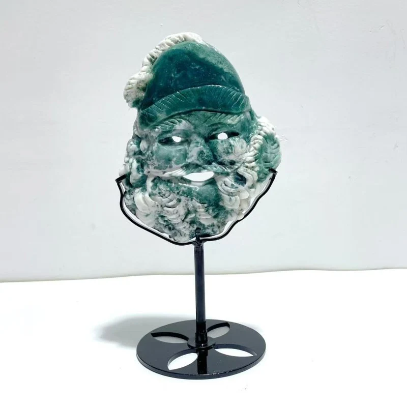 Unique Moss Agate Santa Claus Mask Carving With Stand