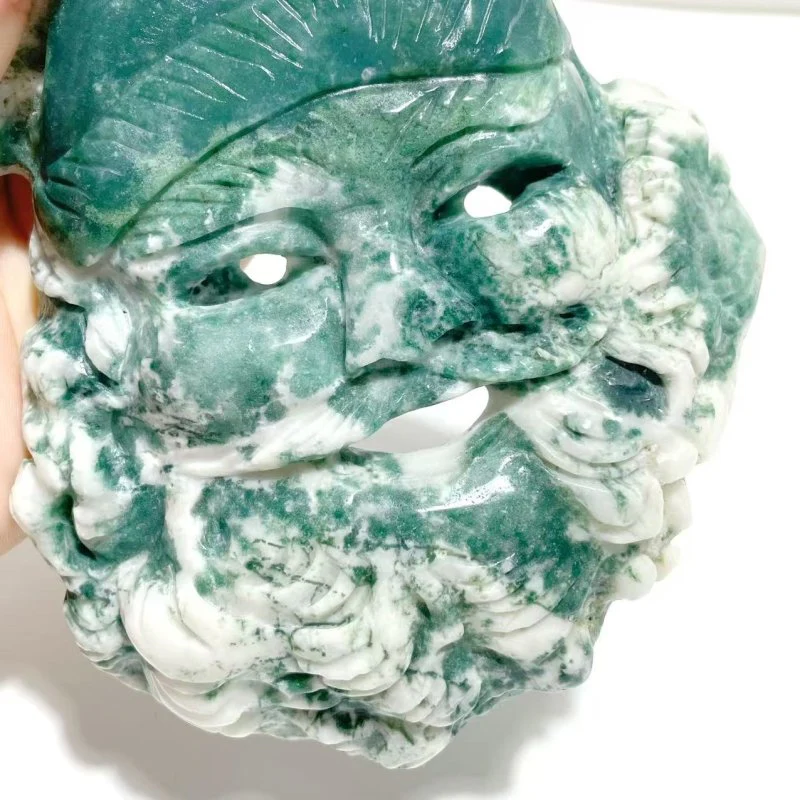 Unique Moss Agate Santa Claus Mask Carving With Stand - Image 4