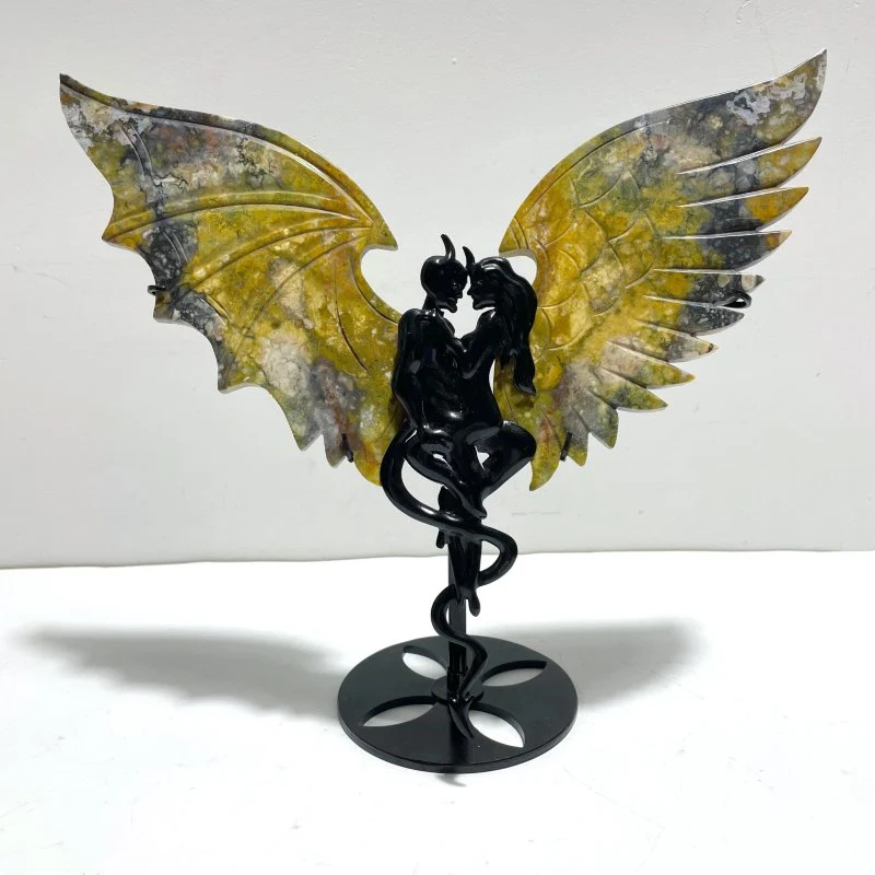 Unique Ocean Jasper Demon Angel Wing Carving With Stand