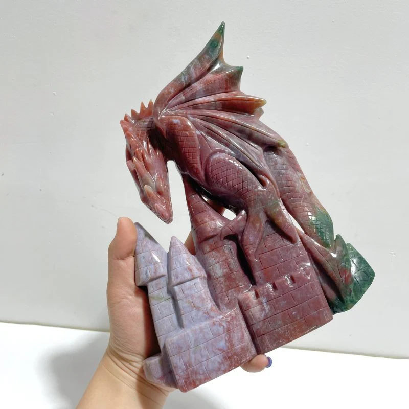 Large Ocean Jasper Flying Dragon Castle Carving - Image 5