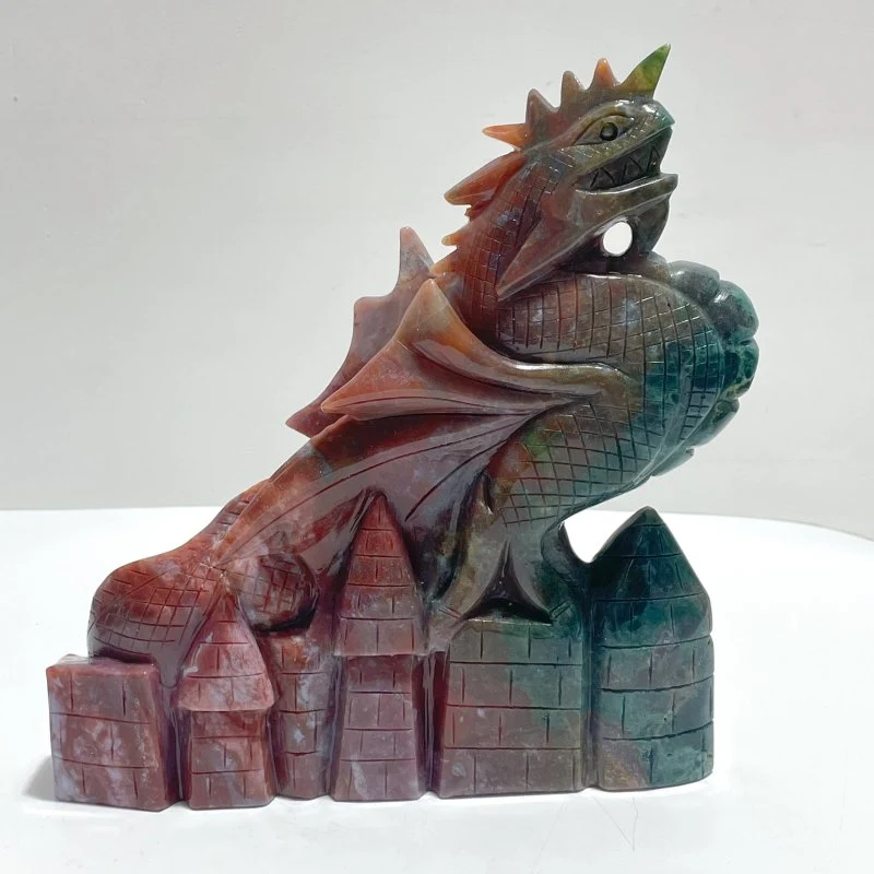 Unique Ocean Jasper Flying Dragon With Castle Carving