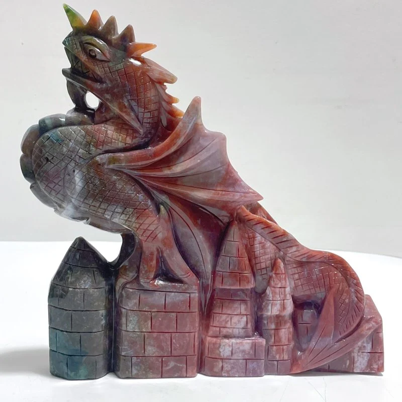 Unique Ocean Jasper Flying Dragon With Castle Carving - Image 3