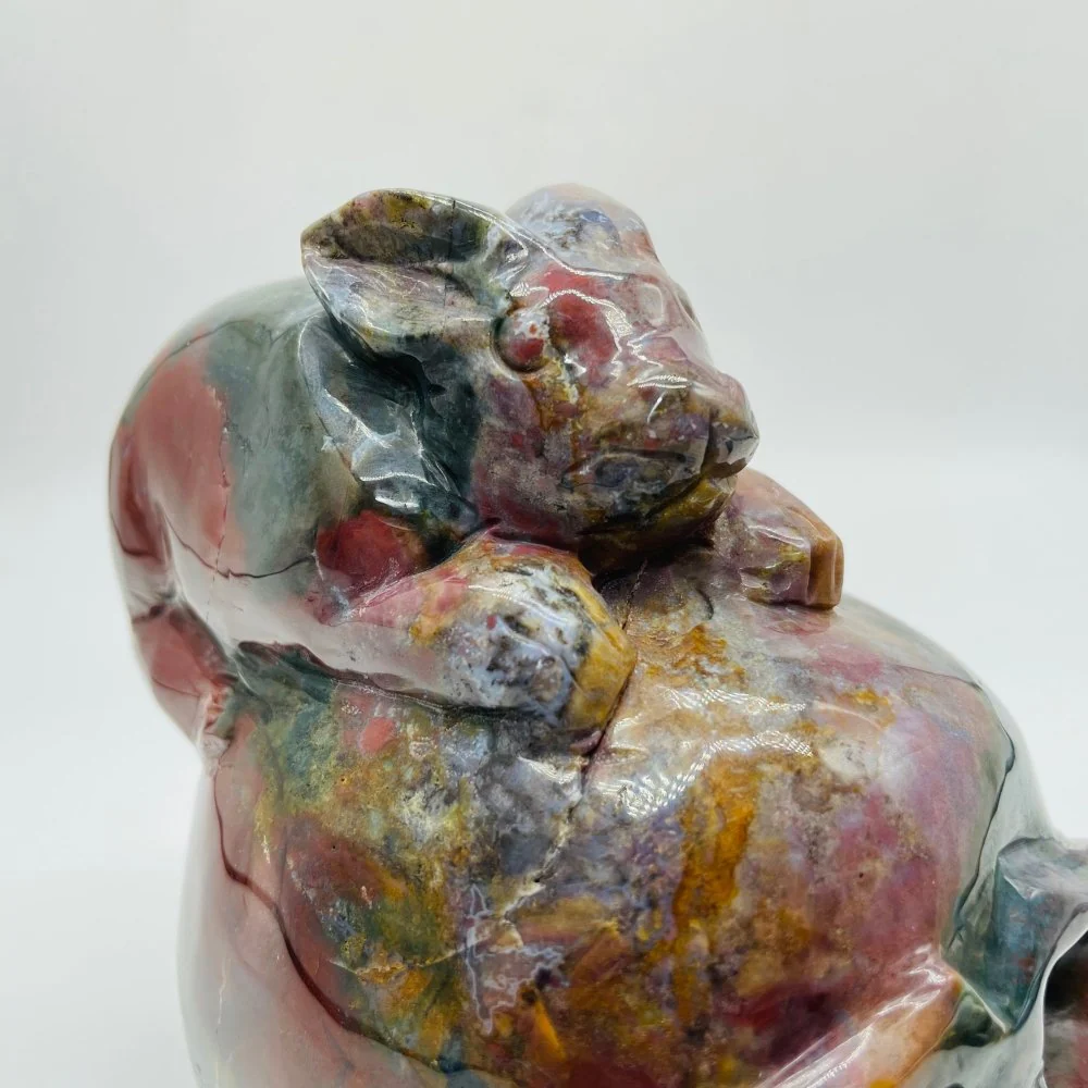 Unique Ocean Jasper Skull With Rabbit Carving - Image 4