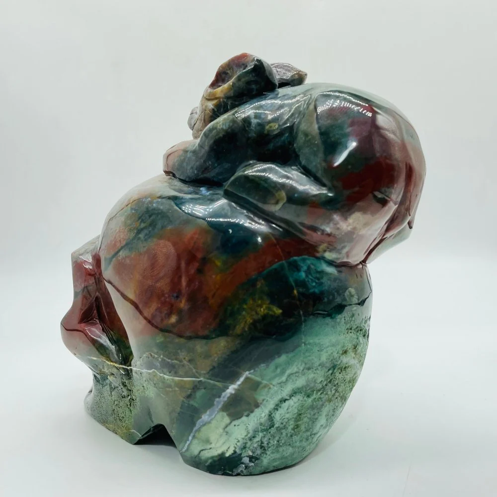Unique Ocean Jasper Skull With Rabbit Carving - Image 6