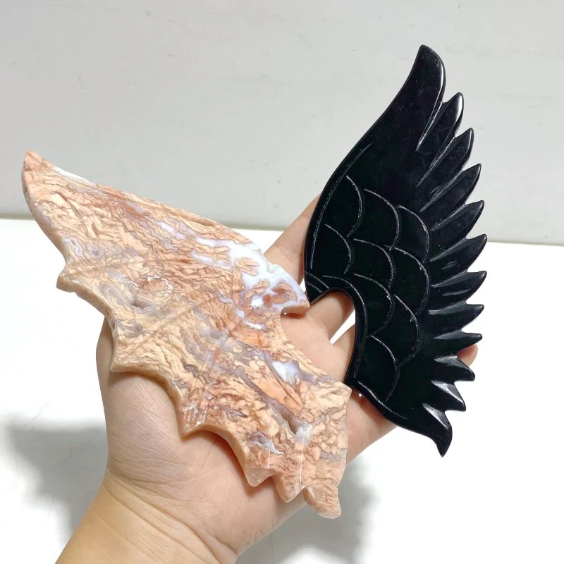 Unique Pink Agate Black Obsidian Demon and Angel Wing Carving With Stand - Image 2