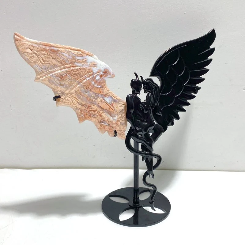 Unique Pink Agate Black Obsidian Demon and Angel Wing Carving With Stand - Image 5