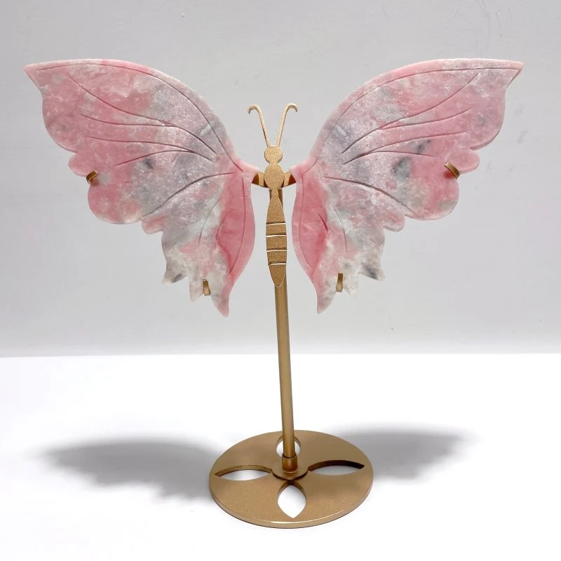 Unique Pink Opal Butterfly Wing Carving With Stand