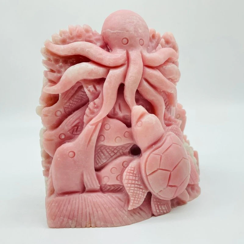 Unique Pink Opal Underwater World Octopus Sea Turtle With Dolphin Carving - Image 3