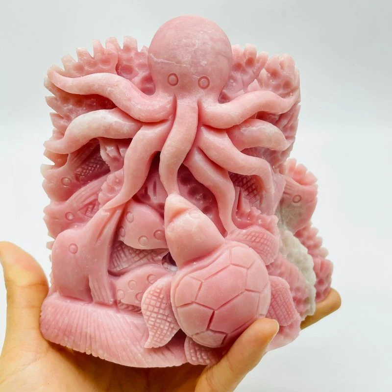 Unique Pink Opal Underwater World Octopus Sea Turtle With Dolphin Carving - Image 4