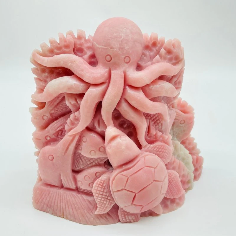 Unique Pink Opal Underwater World Octopus Sea Turtle With Dolphin Carving - Image 5