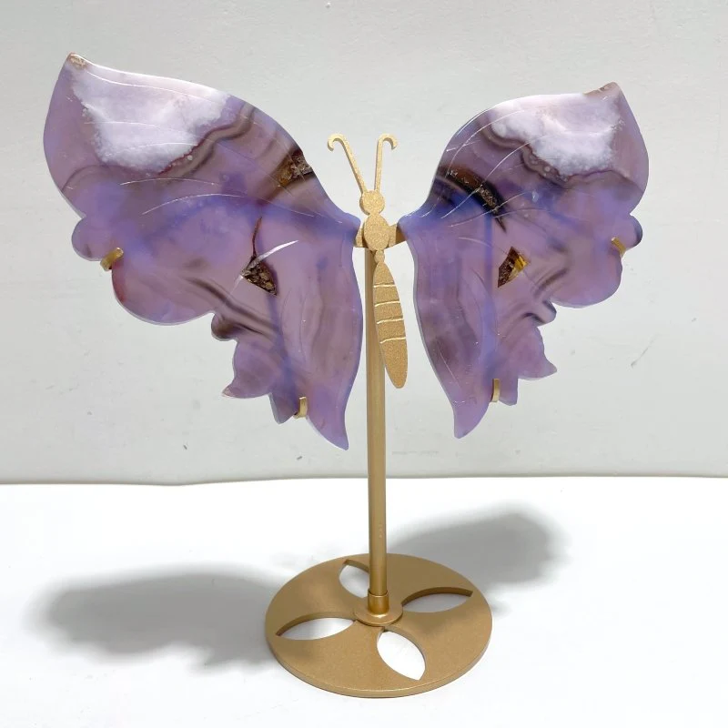 Unique Purple Flower Agate Butterfly Wing Carving With Stand