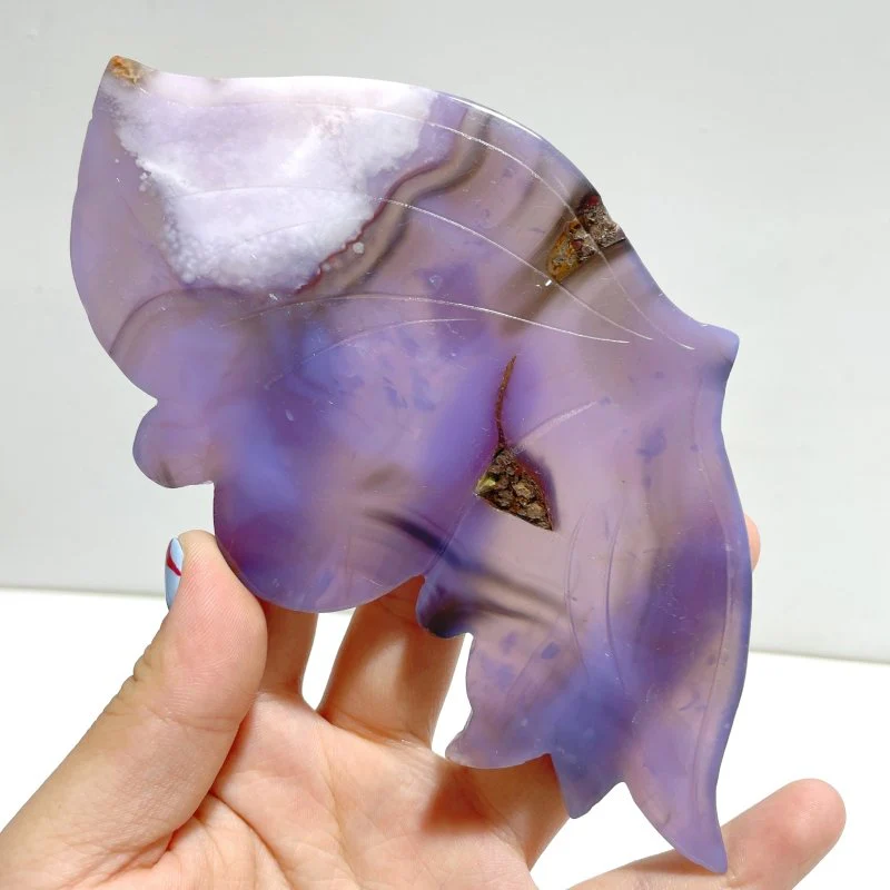 Unique Purple Flower Agate Butterfly Wing Carving With Stand - Image 3