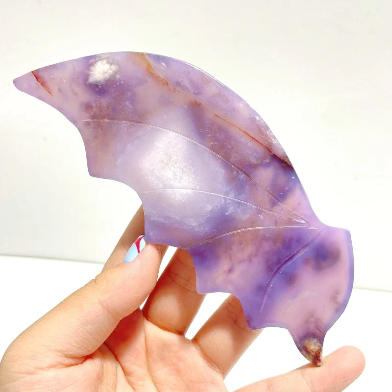 Unique Purple Flower Agate Flying Dragon Wing Carving With Stand - Image 3
