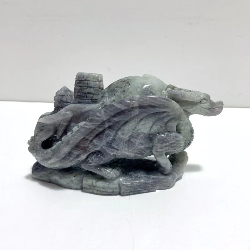 Unique Purple Labradorite Flying Dragon Castle Carving