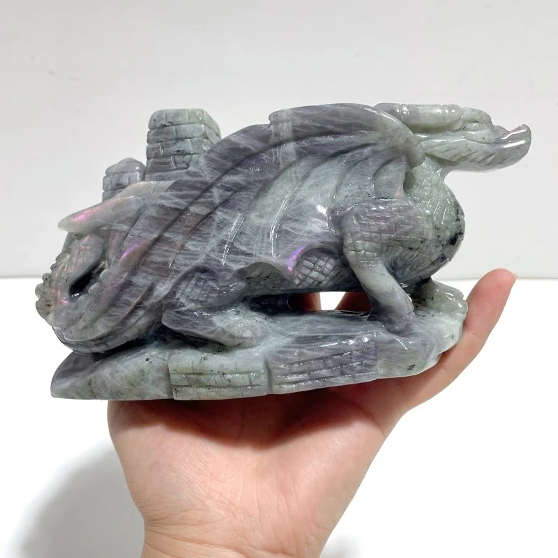 Unique Purple Labradorite Flying Dragon Castle Carving - Image 2
