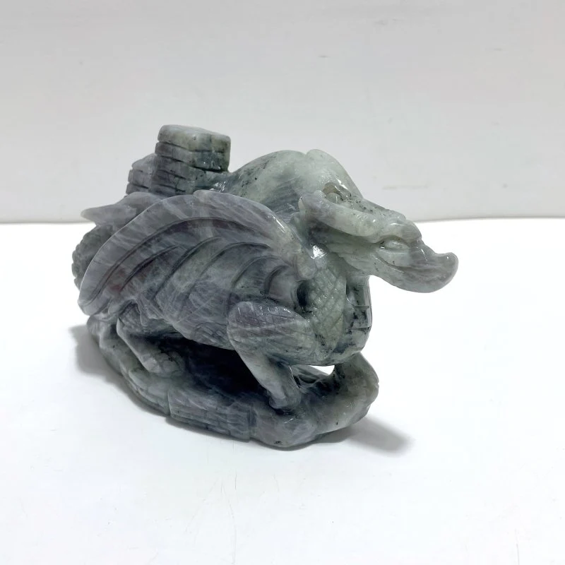 Unique Purple Labradorite Flying Dragon Castle Carving - Image 6