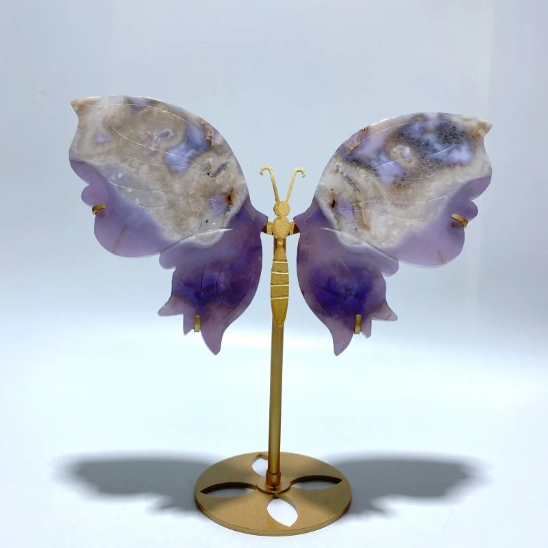 Unique Purple Sakura Flower Agate Butterfly Wing Carving With Stand