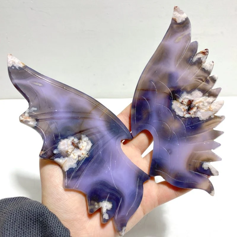 Unique Purple Sakura Flower Agate Demon and Angel Wing Carving With Stand - Image 2