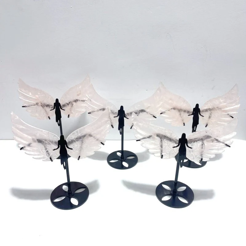 5 Pairs Unique Rose Quartz Angel Wing Carving With Stand - Image 2