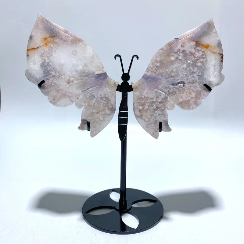 Unique Sakura Flower Agate Butterfly Wing Carving With Stand