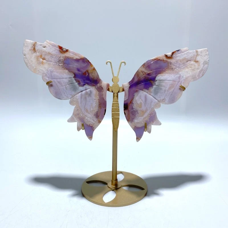 Unique Sakura Flower Agate Butterfly Wing Carving With Stand