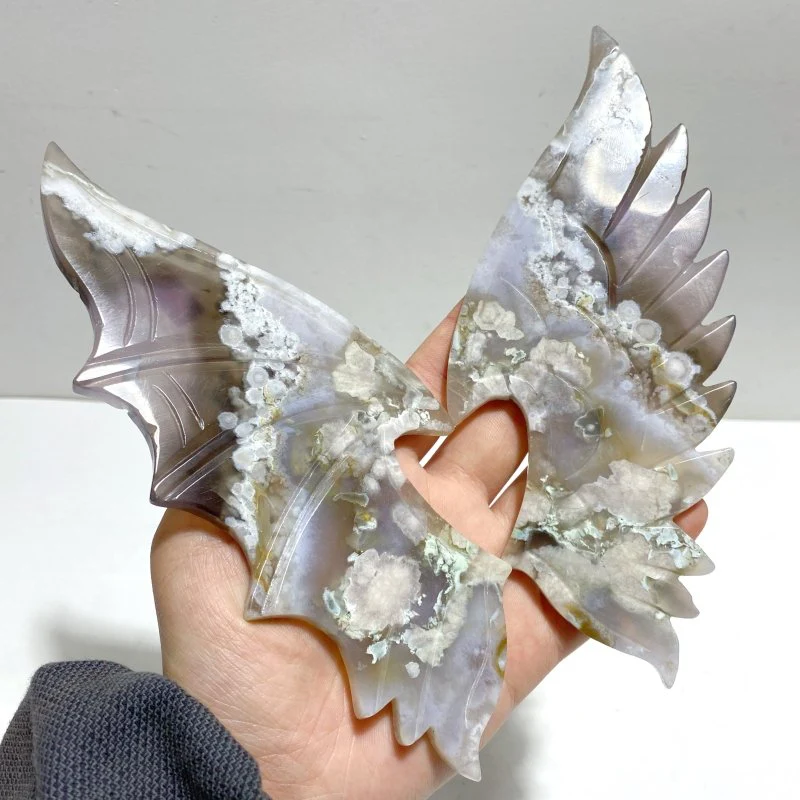 Unique Sakura Flower Agate Demon and Angel Wing Carving With Stand - Image 2