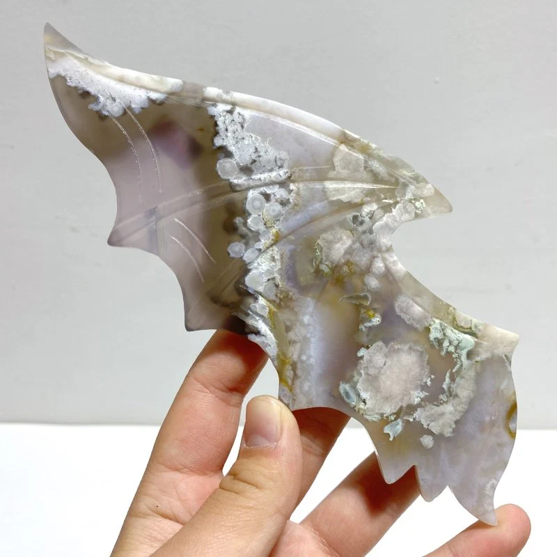 Unique Sakura Flower Agate Demon and Angel Wing Carving With Stand - Image 3