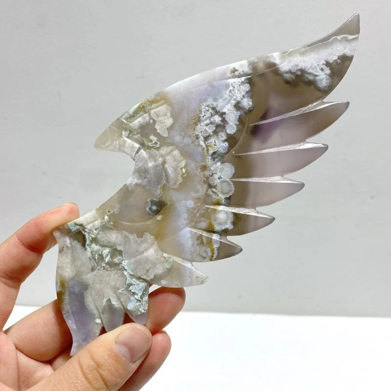 Unique Sakura Flower Agate Demon and Angel Wing Carving With Stand - Image 4