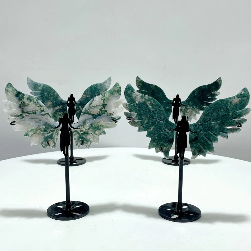 4 Pairs Unique Small Moss Agate Angel Wing Carving With Stand