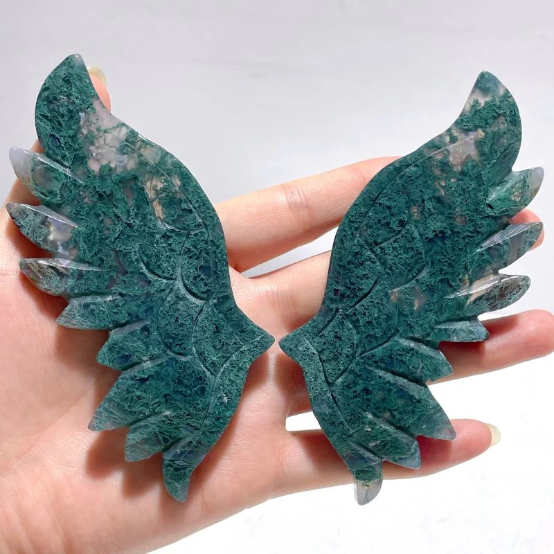4 Pairs Unique Small Moss Agate Angel Wing Carving With Stand - Image 6
