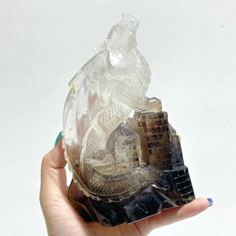 Unique Smoky Quartz Flying Dragon Castle Carving
