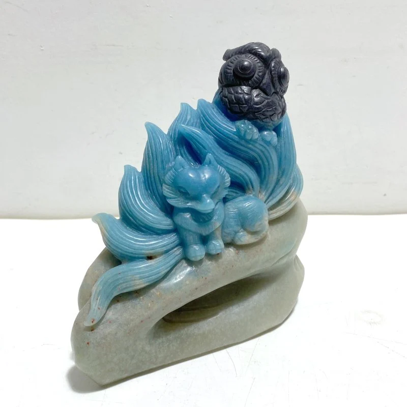Unique Trolleite Stone Nine-tailed Fox Owl Carving - Image 2