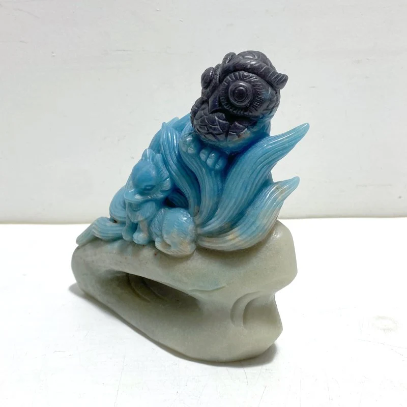 Unique Trolleite Stone Nine-tailed Fox Owl Carving - Image 3