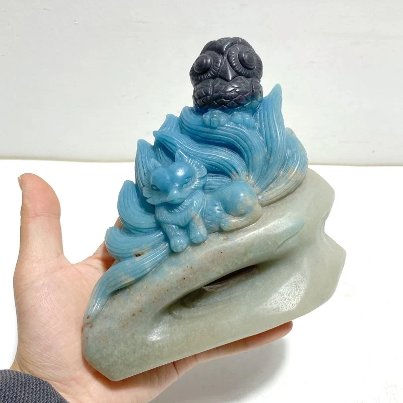 Unique Trolleite Stone Nine-tailed Fox Owl Carving - Image 4