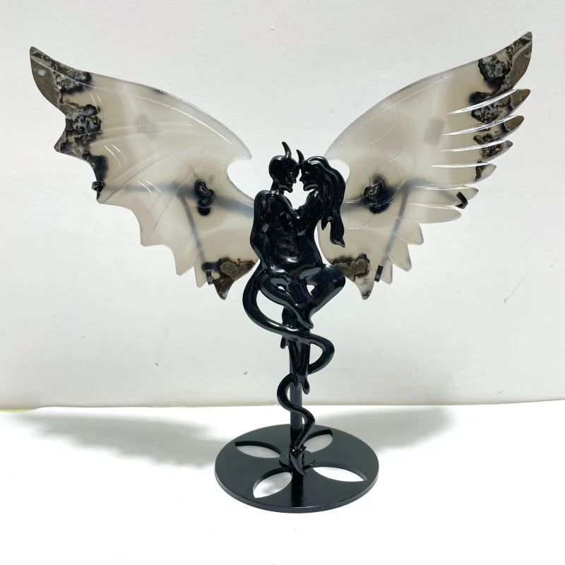 Unique Volcano Agate Demon And Angel Wing Carving With Stand (UV-Reactive)