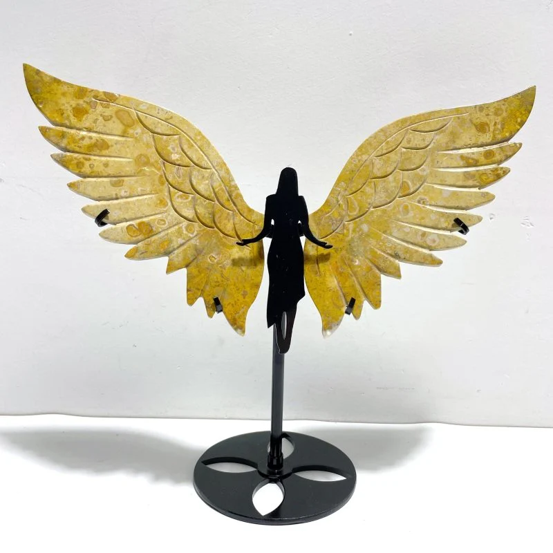 Unique Yellow Ocean Jasper Angel Wing Carving With Stand