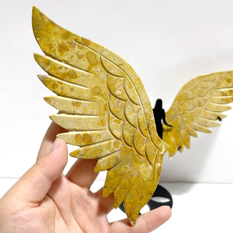 Unique Yellow Ocean Jasper Angel Wing Carving With Stand - Image 2