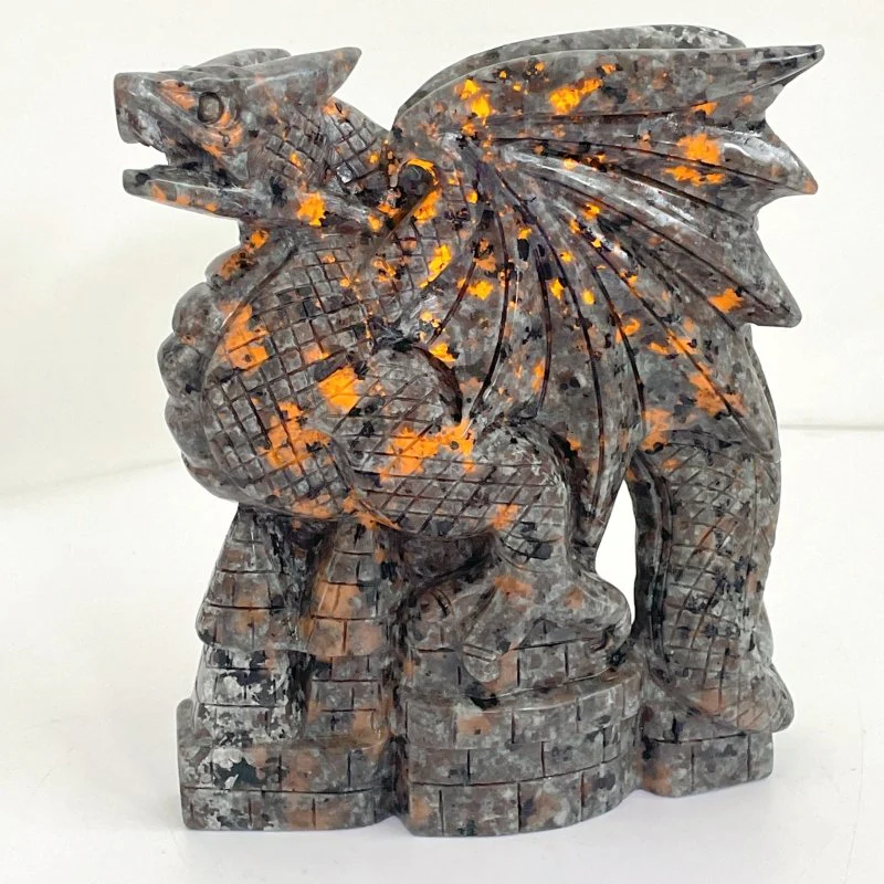 7.1in Unique Yooperlite Flying Dragon With Castle Carving (UV-Reactive)