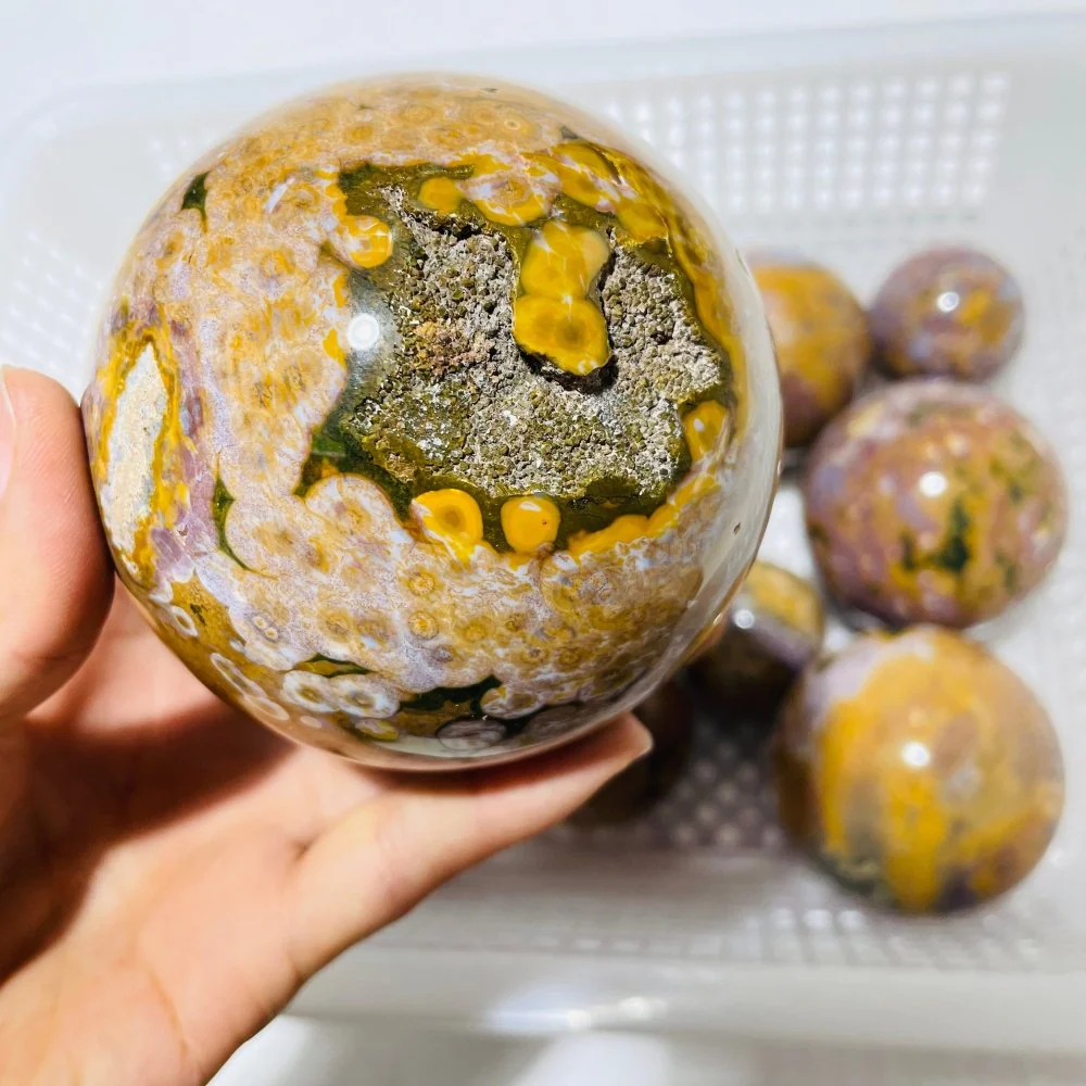 13 Pieces High Quality Vein Yellow Pink Ocean Jasper Spheres - Image 2