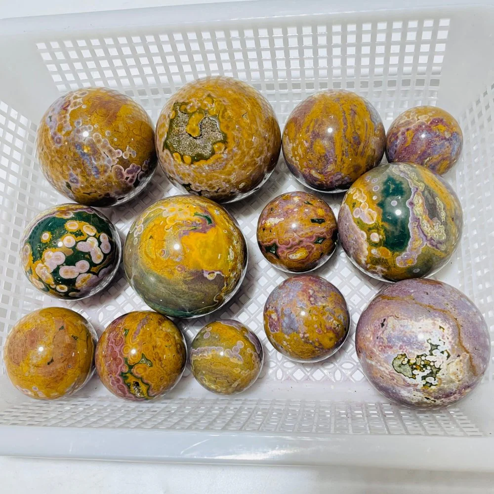 13 Pieces High Quality Vein Yellow Pink Ocean Jasper Spheres - Image 3
