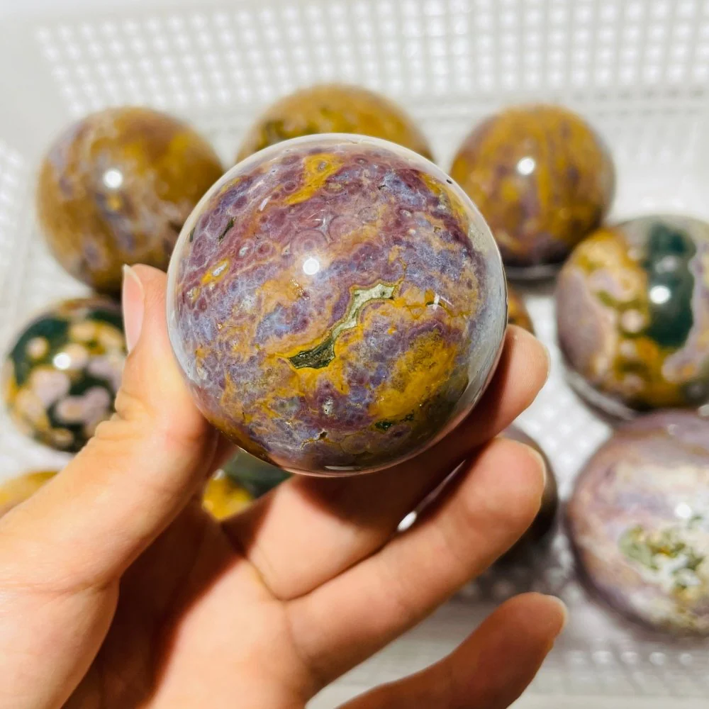 13 Pieces High Quality Vein Yellow Pink Ocean Jasper Spheres - Image 4
