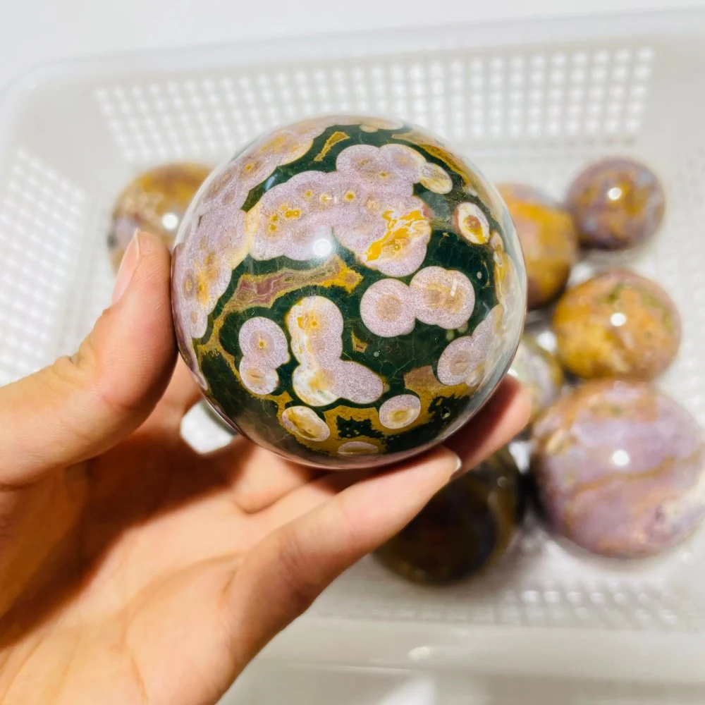 13 Pieces High Quality Vein Yellow Pink Ocean Jasper Spheres - Image 5